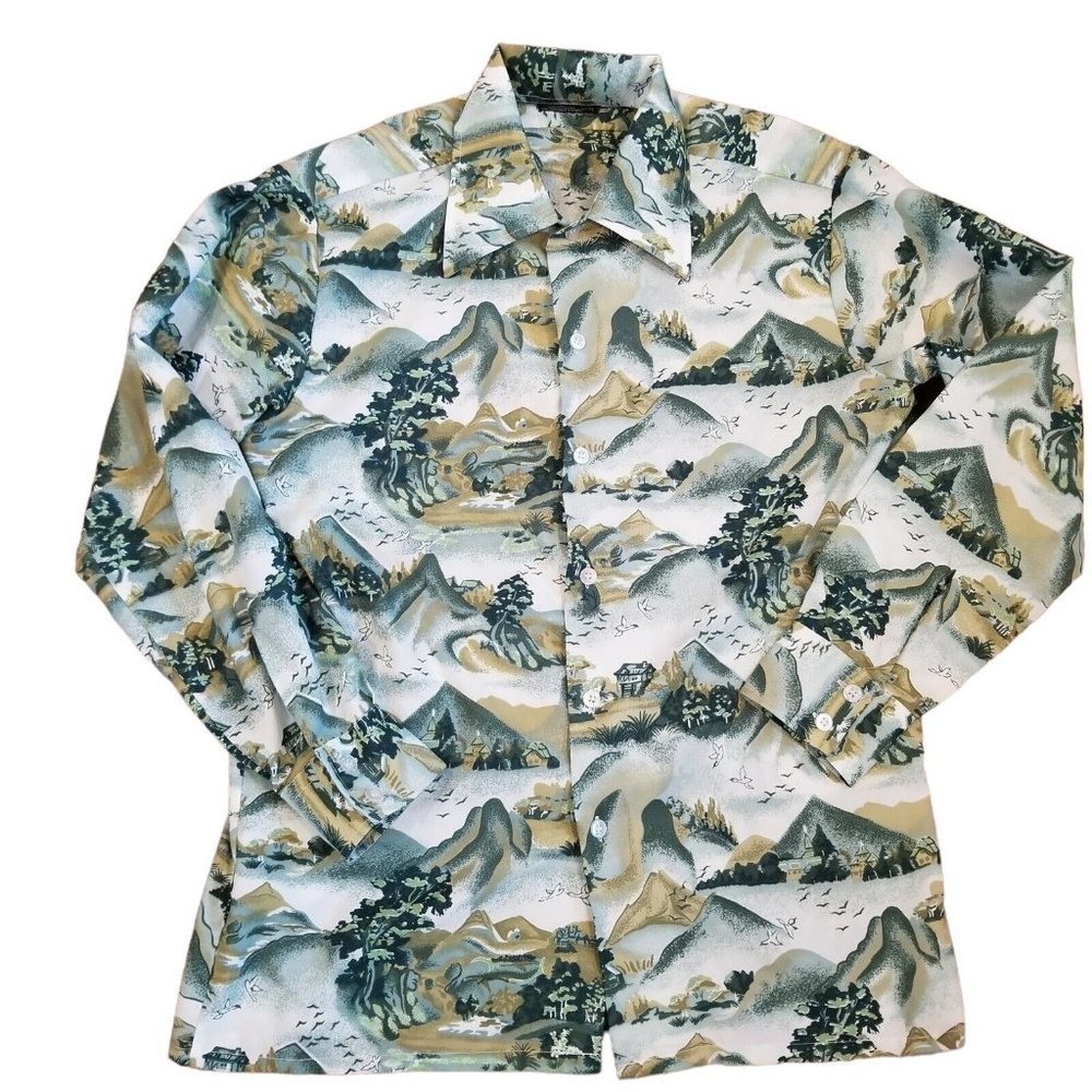 70s Mens Disco Retro Button Up Longsleeve Shirt All Over Nature Print Medium